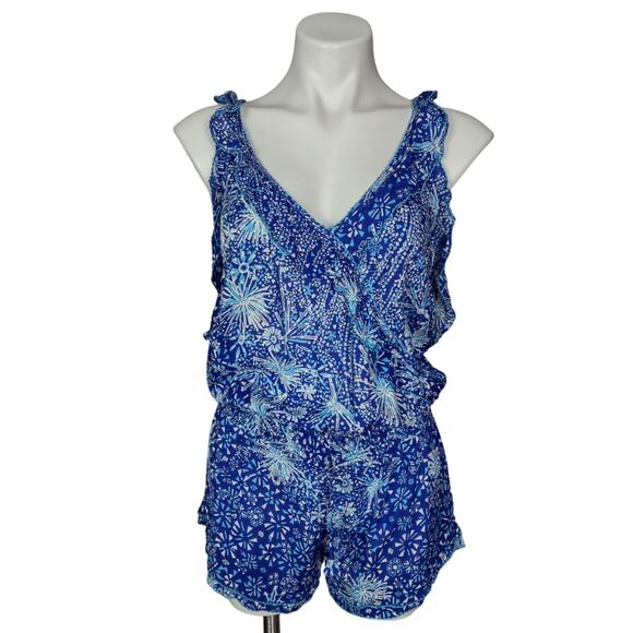 POUPETTE ST BARTH Yoana Ruffled Romper In Blue Geo Batik Vertical Size Medium - Picture 2 of 13